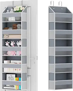 Over The Door Organizer - Over Door Storage Organizer with 5 Large Pockets & 10 Mesh Side Compartments - Heavy-Duty Hanging Storage for Bathroom, Bedroom & Closet - Baby Room Organize - Grey