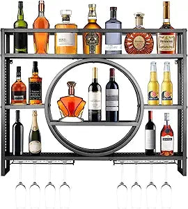 55in Wine Rack Wall Mounted, Modern Metal Wall Bar Shelves with Liquor Bottle & Glass Holder, 3-Tier Bar Liquor Bottle Display Shelf Wall Mounted for Home Bar Kitchen Dining Room (Black, 55in/140cm)
