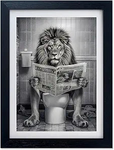 Black and White Bathroom Decor Lion in Toilet Picture Funny Bathroom Wall Art Animal Canvas Print Artwork