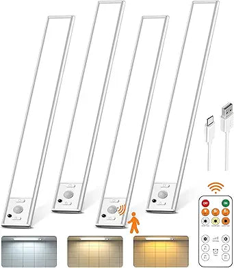 Under Cabinet Lighting with Remote Control,2500mAh USB Rechargeable Motion Sensor Light Indoor,350 Lumen LED Closet Lights,3 Color Temps Wireless Under Counter Lights for Kitchen,Pantry, Stair, 4 Pack