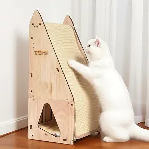 Enhanced Wood-Framed Cat Scratching Post: Large Sisal Cat Scratcher, Integrated Scratch Post Pad Condo Tunnel House. All-in-One Space Saver for Multi-Cat & Budget-Friendly Homes(24in)