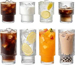 Ribbed Drinking Glasses Set of 8, Stackable Cute Kitchen Glasses Cups 16oz and 7oz Iced Coffee Glasses cocktail Glass cup for Water, Beverage, Whiskey