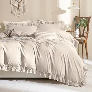 QSH 3Pcs Washed Cotton Ruffle Duvet Cover King Size,Beige Khaki Linen Like Shabby Farmhouse Vintage Boho Chic Comforter Cover French Country Rustic Ruffled Bedding Set Soft Breathable Quilt Cover Set