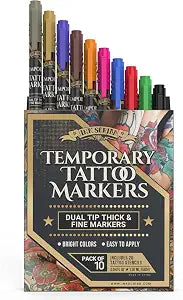Temporary Tattoo Markers for Skin - 10 Dual-Tip Pens + 20 Reusable Stencils