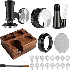 9 Pcs Espresso Accessories Kit, 51mm Espresso Tamper Tools, with Wooden Espresso Tamping Station, Distributor, Stirrer, Dosing Funnel,Puck Screen, Brush, Latte Art Pen and Decorative Stencils