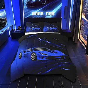 Feelyou Blue Race Car Bedding Set Twin Size for Kids Teens
