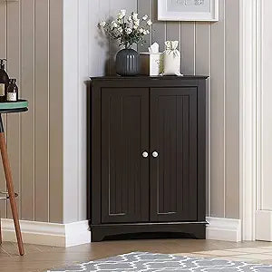 Spirich Floor Corner Cabinet with Two Doors and Shelves, Free-Standing Corner Storage Cabinets for Bathroom, Kitchen, Living Room, Espresso