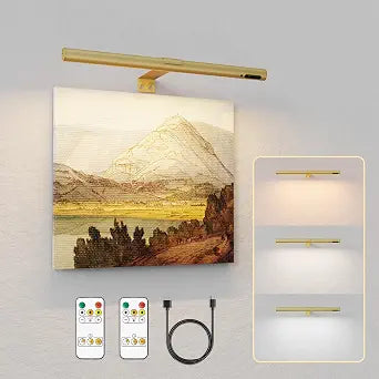 19.7inch Battery Operated Wireless Picture LightRemote Control Painting Display Lights, Rechargeable Wall Lights with Three Modes and Power Display for Art FrameGold
