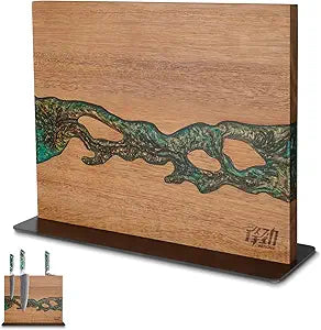 FINDKING Magnetic Knife Block, Double-Sided Knife Holder with Strong Magnets, Acacia Wood and Golden Green Resin, Countertop Kitchen Knife Storage Stand (12  10 Inches, Without Knives)