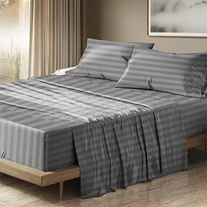 THREAD SPREAD 100% Egyptian Cotton Damask King Size Sheets Set - Luxury 1500 Series Egyptian Cotton Sheets King Size (4 PC, Dark Grey Stripe), Silky Soft, Sateen & Cooling, 17" Deep Pocket Bed Set