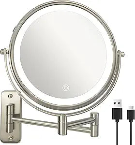 JANEEVA 8" Wall Mounted Lighted Makeup Mirror,Rechargeable Double Sided 1X/10X Magnifying Mirror with 3 Color Lights,Touch Dimmable Bathroom Vanity Mirror with 360Swivel Extendable Arm Brushed Nickel
