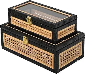 Black Rattan Decorative Storage Boxes with Glass Lids  Set of 2 Ribbed Wood Display Cases with Cane Weave & Solid Base  Nesting Coffee Table Organizer for Boho Chic Home Decor, Keepsakes