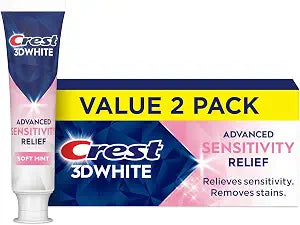 Crest 3DWhite Advanced Whitening Sensitivity Relief Toothpaste, Soft Mint, 3.3 oz (Pack of 2), Enamel Safe Fluoride Anticavity Toothpaste for Sensitive Teeth
