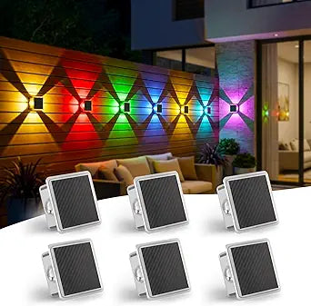 Solar Fence Lights 6 Pack  RGB Color Changing + Warm White, 4-Sided Decorative Accent Lights for Outdoor Fence, Patio, Garden  Soft Glow, All-Night Battery, IP65 Waterproof