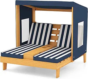COSTWAY Kids Double Chaise Lounge Outdoor, 2-Seat Patio Lounge Chair with Cup Holders & Cushions, Kids Pool Lounger with Canopy, Wood Patio Furniture for Children Boys Girls 3 Year Old (Navy)