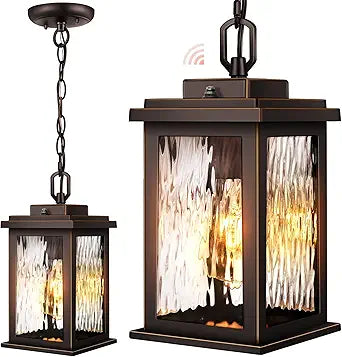 Gleamz Dusk to Dawn Outdoor Pendant Light with Adjustable Chain, Oil Rubbed Bronze(Gold Trim) Aluminum Hanging Porch Light, Sloped Ceiling Adaptable Outdoor Chandelier for Porch, Driveway, Patio