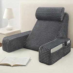 Vekkia Reading Pillow,Back Pillow for Bed Sitting Up Adult,Backrest Support Pillow with Build-in Arms & XL Pockets,Rest Chair for Reading,Gaming,Relaxing,Working or Watching TV in Bed/Floor-19'' Grey