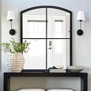 WAMIRRO Black Window Pane Mirror,Farmhouse Arched Grid Mirrors for Fireplace/Entryway/Hallway/Living Room 28"X36"