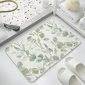 Stone Bath Mat Diatomite Bath Mat Quick Dry, Diatomaceous Earth Shower Mat, Super Absorbent Magic Mat for Bathroom Floor, Comes with Non-Slip Pad and Sandpaper (Leaves, 24" x 16")