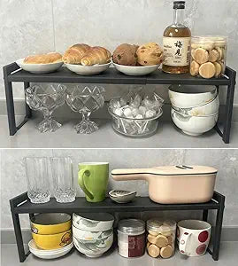 2 Pack Expandable Cabinet Shelf Organizer 16-26" L Stackable Kitchen Counter Shelves Rack Stand Sink Riser Countertop Storage Black (Narrow 5.1D)
