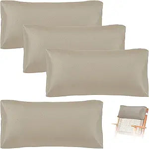 Outdoor Beach Chair Pillow, 4pcs Pool Lounge Chair Pillows Patio Headrest Pillow Lumbar Pillows with Insert and Adjustable Elastic Strap for Chaise Recliner Patio Office, Khaki
