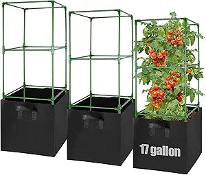 ANPHSIN Sturdy Square Tomato Cage with Movable 17 Gal Grow Bags - 3 Sets 46'' Plants Garden Trellis Planter, Support for Indoor Outdoor, Cucumber, Beans, Peppers, Eggplants, Climbing Vegetables