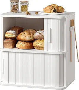 WOWLIVE 2-Tier Bread Box for Kitchen Countertop, Double Layer Roll Top Bread Boxes with Sliding Doors, Extra Large Bread Storage Cabinet for Loaves & Pastries, Bamboo Counter Organizer, White