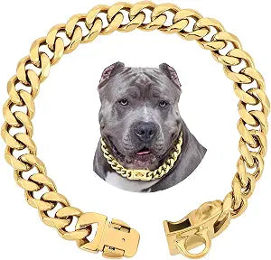 BAOBOTE 15MM Gold Stainless Steel Dog Collar with Cuban Link Chain Heavy Duty Chew Proof Training Collar for Dogs(22" Gold)