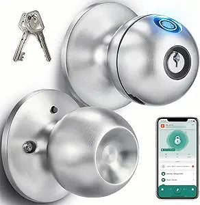 Fingerprint Door Lock, Biometric Smart Door Knob with Fingerprint Lock Stainless Steel with APP Control & Back-up Keys, Great for Bedroom, Home, Apartment, Office and Garages, Nickel Finish