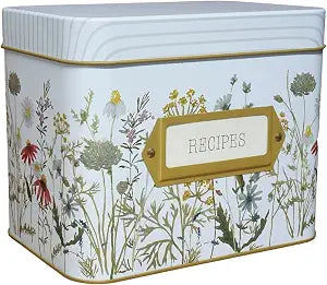 SENSORY4U Tin Recipe Box Holder With Cards - Wildflower Print - Includes 100 4X6 Cards and 12 Dividers - Beautiful Decorative Tin Box Flower Gift