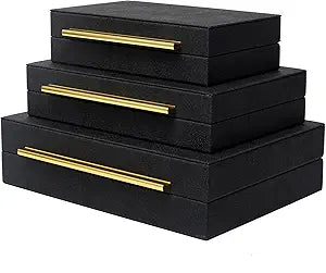 DECOR4SEASON Faux Shagreen Decorative Storage Boxes  Set of 3 Stackable Jewelry Organizers with Gold Metal Handles & Velvet Lining, Modern Black Box for Vanity, Entryway & Coffee Table Dcor