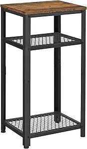 VASAGLE 3-Tier Tall Side Table, Small Telephone End Table Stand with 2 Mesh Storage Shelves for Office, Bedroom, Living Room, Kitchen Cart, Rustic Brown and Ink Black