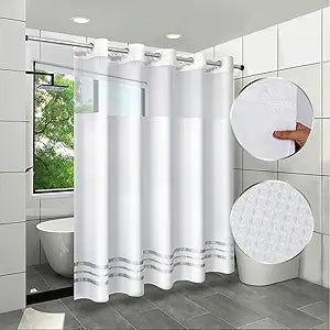 ARICHOMY Hookless Waffle Weave Shower Curtain, 250GSM Heavy Weight with SnapHook & Sheer Window, Water Repellent Polyester Removeable Line Fabric Bathroom Curtain 71by 74inch, White