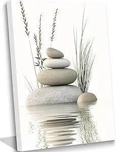 Zen Stone Canvas Wall Art Stacked Stones in Water Poster Print Tranquil Wild Grass Painting Picture for Spa Yoga Meditation Room Bathroom Wall Decor 24x36in Ready to Hang Framed