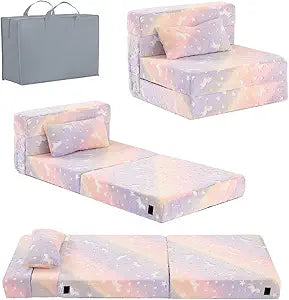 Tiita Kids Folding Sofa Bed Floor Mattress, Trifold Futon Mattress Kids Fold Up Bed, Toddler Fold Out Couch, Foldable Toddler Floor Bed Nap Mat with Storage Bag, Twill Pegasus