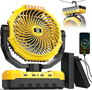Rechargeable Fan with 2PCS Detachable Battery - 48000mAh(127H Working) Camping Fan Portable, Battery Powered Fans with Hook, Timers, Ventilador Recargable for Tent, Travel, Gifts for Men Dad, Yellow