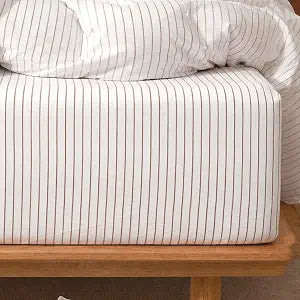 MooMee Striped Fitted Bottom Sheet Only 100% Washed Cotton Linen Like Textured Breathable Durable Soft Comfy Deep Pocket Fits Mattress up to 17" (White Orange Wide Stripes, King)
