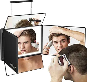 UHdod 5 Way Mirror for Hair Cutting with LED Light, 360 Barber Mirrors with Adjustable Height Brackets, Makeup Mirror for Self Cut, Shaving, Grooming, Good Gifts for Men Women