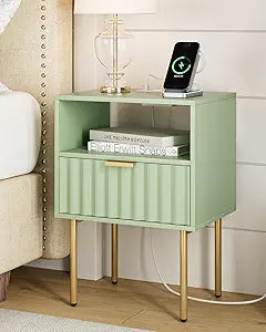 Masupu Nightstand with Charging Station,Mid-Century Modern Bedside Table with Storage Drawer and Open Wood Shelf,Small Gold Frame Side Table for Bedroom,Living Room (Green Fluted)