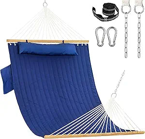 Lazy Daze Hammocks 10.5FT 2 Person Double Quilted Fabric Hammock with Spreader Bar, Detachable Pillow, Side Pocket, Carabiners, Chains, Straps for Outdoor, 450lbs Capacity, Navy Blue