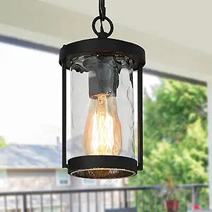 KSANA Outdoor Pendant Lights, Black Exterior Hanging Light for Porch with Textured Glass, Modern Farmhouse Outside Ceiling Lights for Front Door, Patio and Gazebo