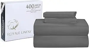ROYALE LINENS 400 Thread Count 100% American Grown Cotton 4 Piece Sateen Full Sheet Set - 1 Fitted Sheet, 1 Flat Sheet, 2 Pillow case - Grey Full Bedsheet - Cotton Sheets - (Full, Spanish Slate)