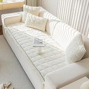 Plush Sofa Cover Washable, Cozy and Soft Faux Fur Couch Covers, Non Slip Fuzzy Furry Sofa Mats for Babies Pets(White/28x94 in/5-Seater Sofa Cover)