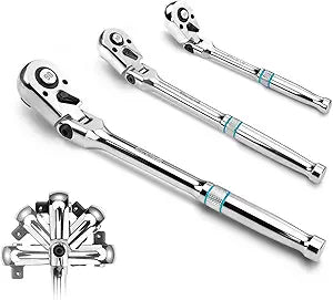 DURATECH 3-Piece Flex-Head Drive Ratchet Handle, 1/4", 3/8", 1/2" 90-Tooth Quick-Release Ratchet Wrench with 180 Pivoting Head & 7-Position Setting, Reversible, CR-V Made, Full Polished,Gifts for Men