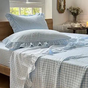 NSNLGSGC Light Blue Gingham Ruffle Queen Sheet Set