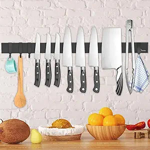 Dmore magnetic knife holder for wallwith 4 hooks, No Drilling 23 Inch black knife magnetic strip, Powerful knife magnet rack, include Adhesive Tape and screws for Knives, Utensils, and Tools