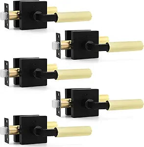 Probrico Matte Black and Gold Privacy Door Handles,Heavy Duty Interior Door levers for Bed and Bath,Reversible Keyless Square Handle Lever,5 Pack