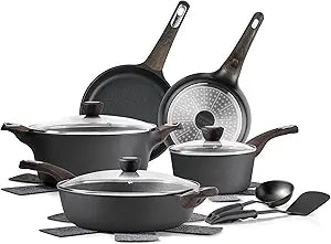 SENSARTE Pots and Pans Set Non stick, Non toxic Healthy Induction Cookware Sets, 14 Pcs Non Stick Kitchen Cooking Set with Frying Pans Set & Saucepan, PFOA PFOS Free, Black