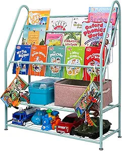 Kids Bookshelf Toy Storage, Bookcase Shelf for Children Room, 5-Tier Large Metal Cabinets Shelves Display, Freestanding Books Store Library, Bed Living Room Bins Organizer (Large, Green)