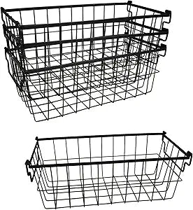 ARTAWEIN 4 Pack Freezer Organizer Bins for Chest Freezer - 14.6" Deep Stackable Metal Wire Baskets with Handles - Large Pantry Storage Bins for Kitchen Cabinet, Refrigerator & RV Organization - Black